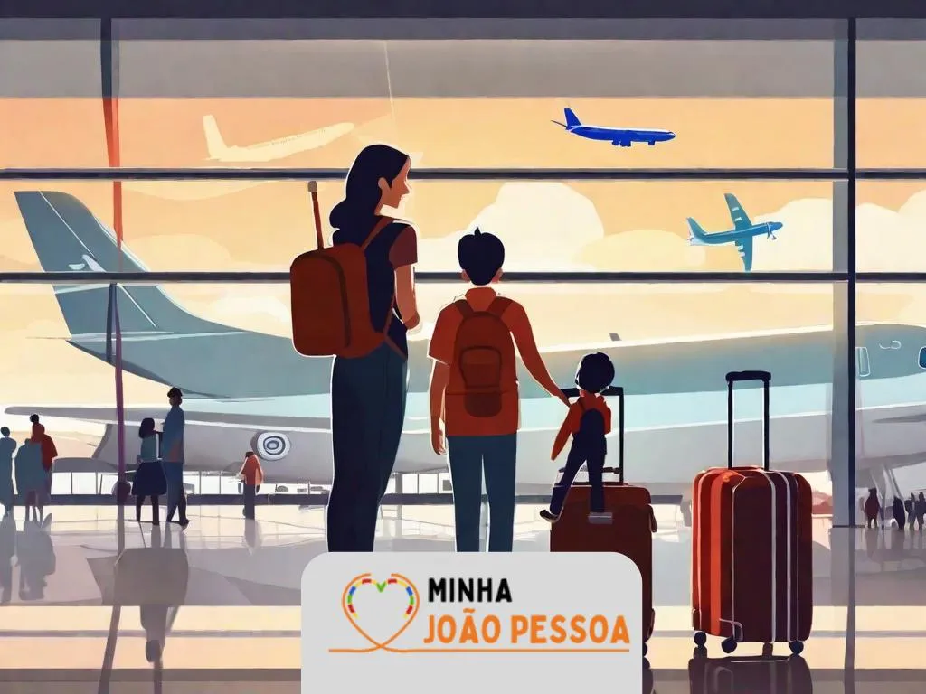 Uma família em um aeroporto, com os pais segurando um mapa e bagagens, enquanto uma criança aponta animadamente para um avião através da janela. A cena transmite preparação, entusiasmo e união.