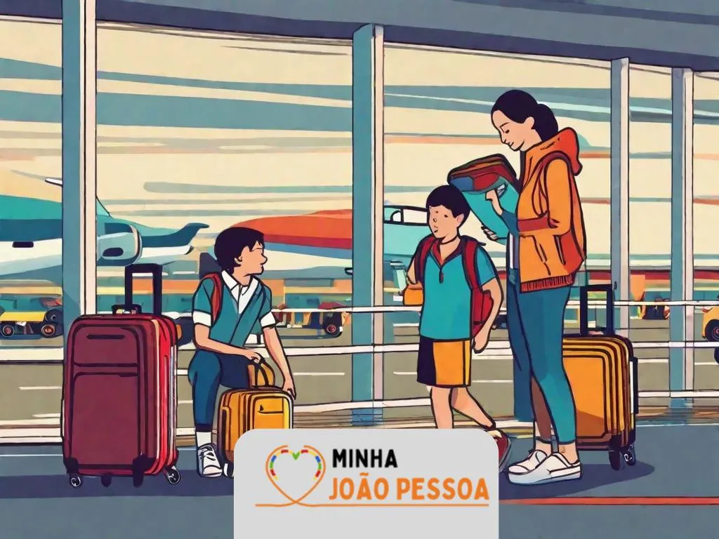 Uma família em um aeroporto, com os pais segurando passaportes e uma lista de verificação de viagem, cercados por bagagens e itens essenciais de viagem como lanches, brinquedos e um kit de primeiros socorros.