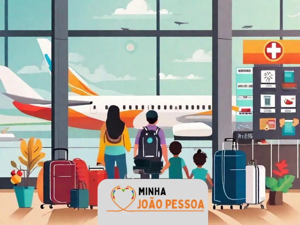 Uma família em um aeroporto, com os pais segurando passaportes e uma lista de verificação de viagem, cercados por bagagens e itens essenciais de viagem como lanches, brinquedos e um kit de primeiros socorros.