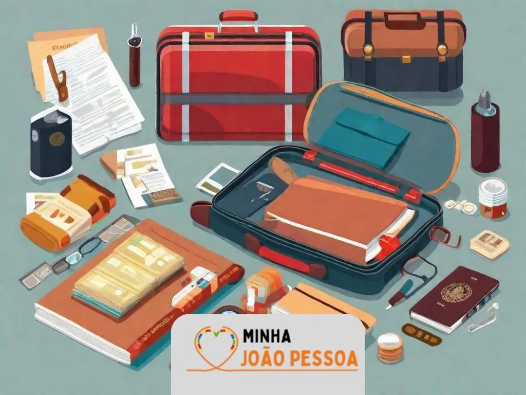 Uma família se preparando para uma viagem, com os pais fazendo as malas com itens essenciais como roupas, lanches, kit de primeiros socorros e brinquedos. Ao fundo, há itens de viagem como passaportes, passagens e um mapa sobre a mesa.