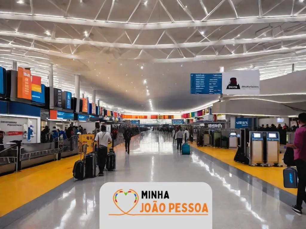 Uma mala robusta com etiqueta de identificação clara e colorida, colocada ao lado de um carrossel de bagagens em um aeroporto movimentado. Fundos desfocados de passageiros e malas em movimento, destacando a importância da identificação visual distinta.