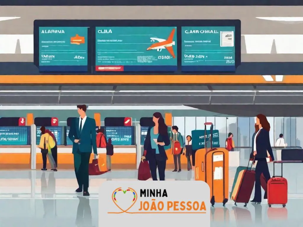 Uma imagem de uma mala de viagem com uma etiqueta de identificação clara e visível, colocada em um balcão de check-in de aeroporto, com um agente de companhia aérea etiquetando a bagagem.