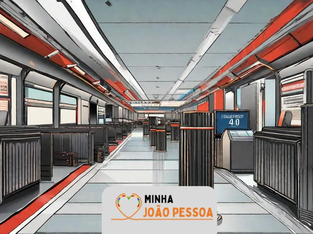 Uma imagem de uma mala de viagem com uma etiqueta de identificação clara e visível, colocada em um balcão de check-in de aeroporto, com um agente de companhia aérea etiquetando a bagagem.