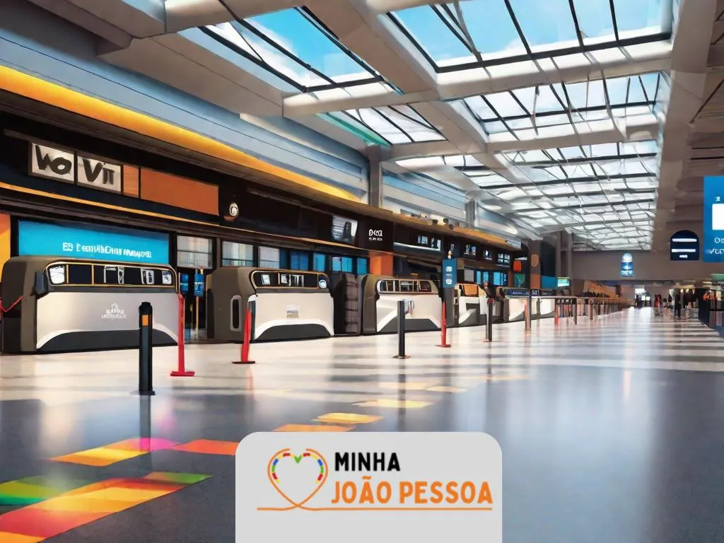 Uma imagem de um viajante adulto no aeroporto, etiquetando sua mala com uma etiqueta colorida e personalizada. Ao fundo, há uma esteira de bagagens e sinais de orientação para o check-in.